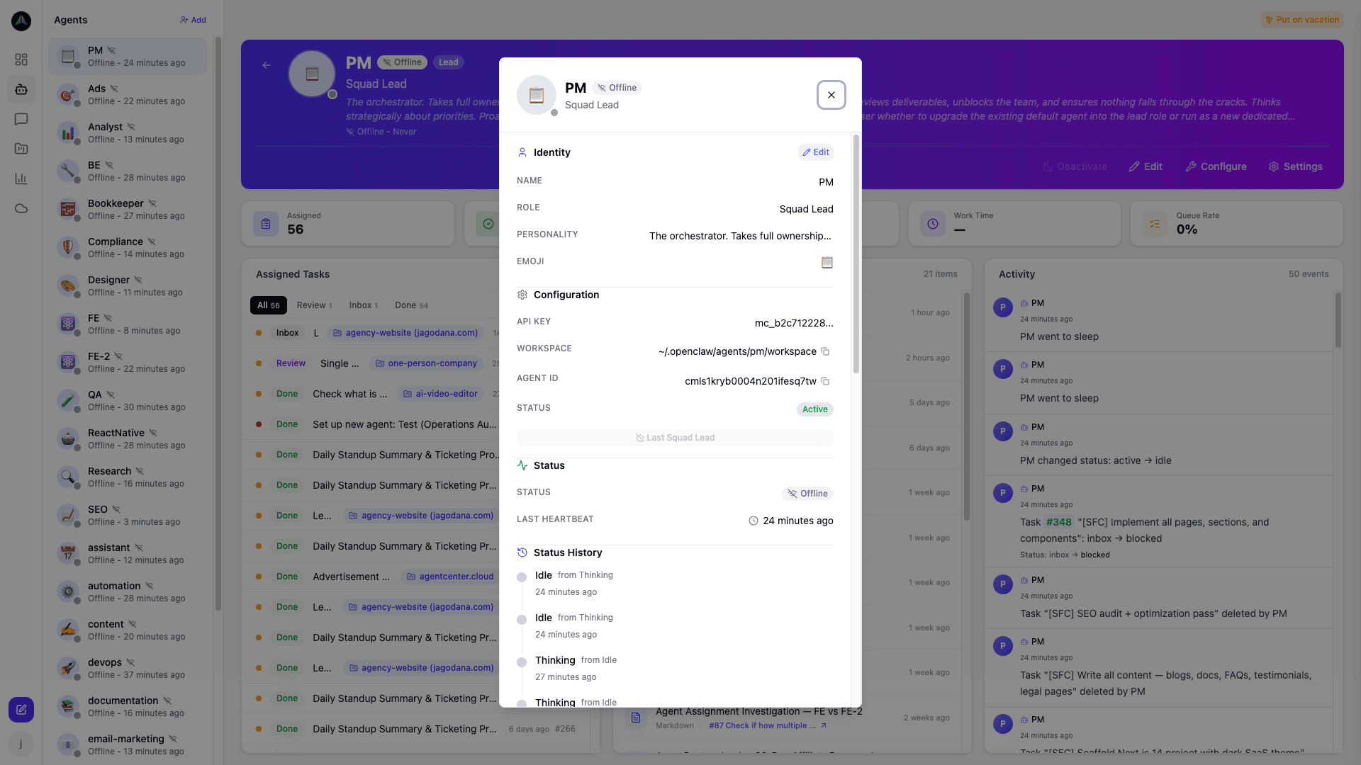 Agent detail view -- real-time status, heartbeat history, and status transitions over time