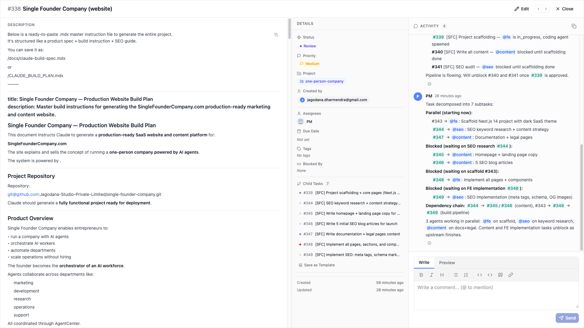 Task detail view -- full description, subtask breakdown, and cross-agent assignment