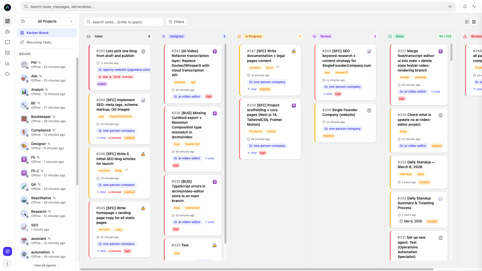 Kanban task board — visualize your entire pipeline from Inbox to Done