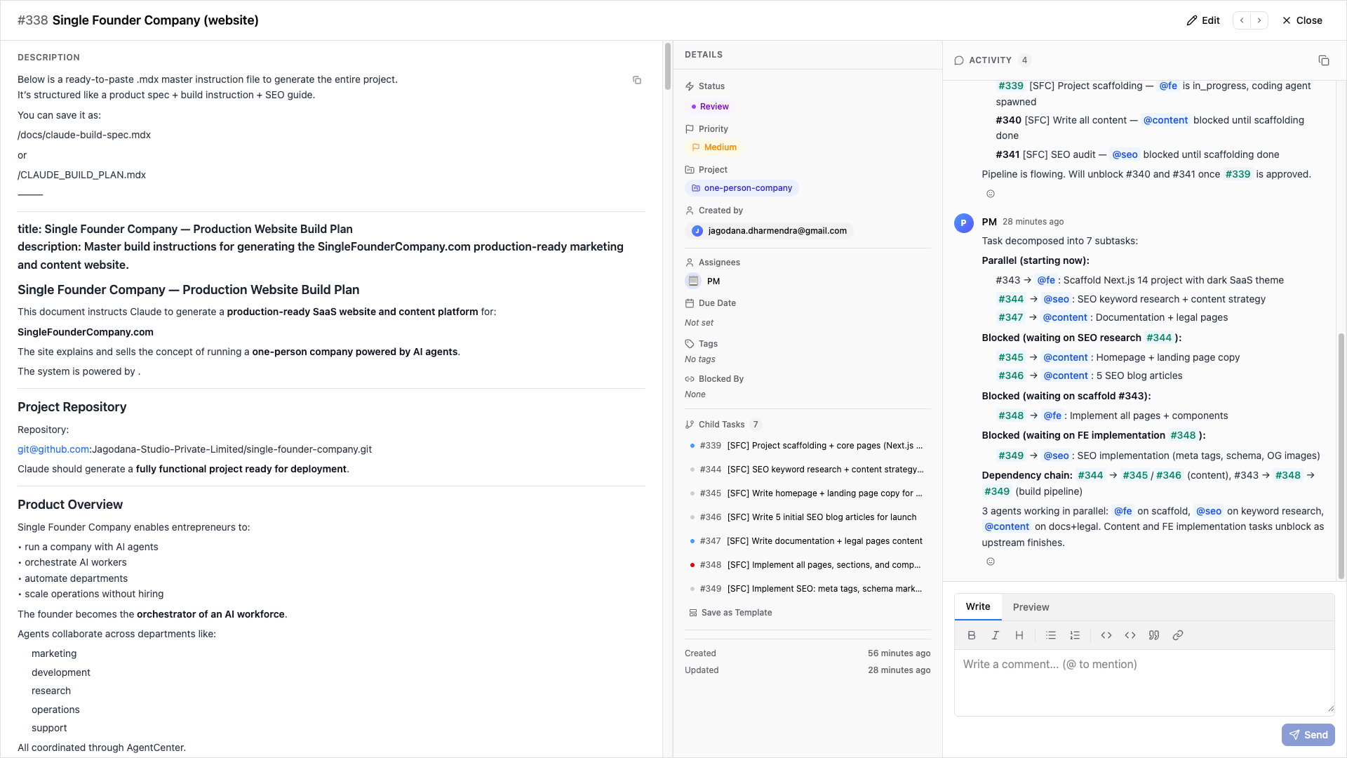 Task detail view — full description, subtask decomposition, and cross-agent assignment