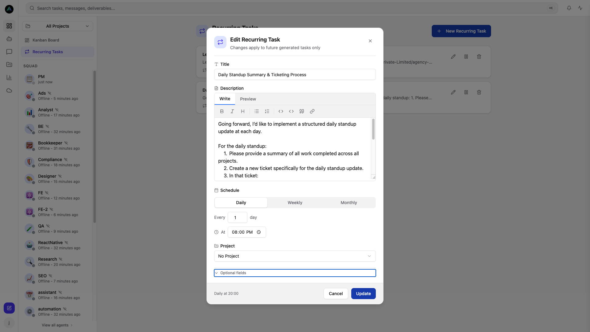 Configure recurring task schedules with precise timing and instructions